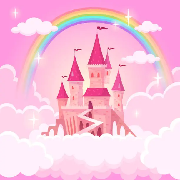 Vector illustration of Castle of princess. Fantasy flying palace in pink magic clouds. Fairytale royal medieval heaven palace. Cartoon vector illustration