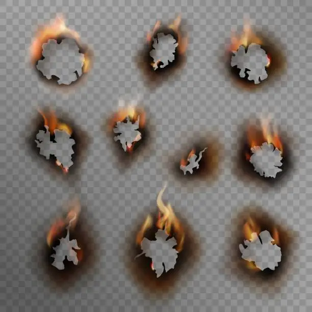 Vector illustration of Burnt holes. Scorched paper hole, burned brown edge with flame. Fire in cracked dirty hole, realistic vector set