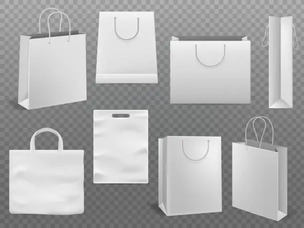 Vector illustration of Shopping bag mockups. Empty handbag white paper fashion bag with handle vector 3d isolated template