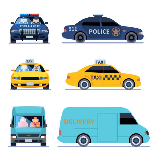 widok samochodu. samochód dostawczy, samochód policyjny i samochód taxi z przodu widok odizolowanych kierowców miejskich zestaw wektorowy - taxi yellow driving car stock illustrations