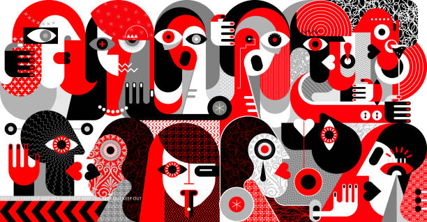 Large Group of People vector illustration Large group of people modern abstract art vector illustration. Red, black and grey design isolated on a white background. kissing illustrations stock illustrations