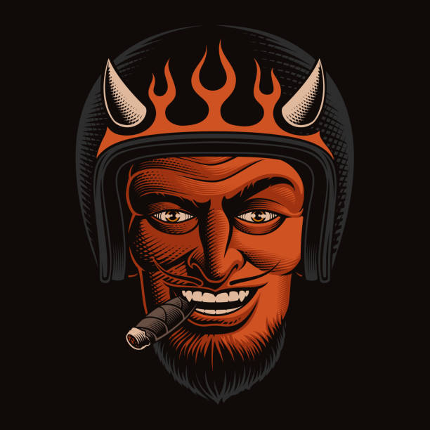 Vector Illustration of a Devil Biker Vector color illustration of a devil biker in helmet on dark background. Ideal for T-shirt design flame patterns stock illustrations