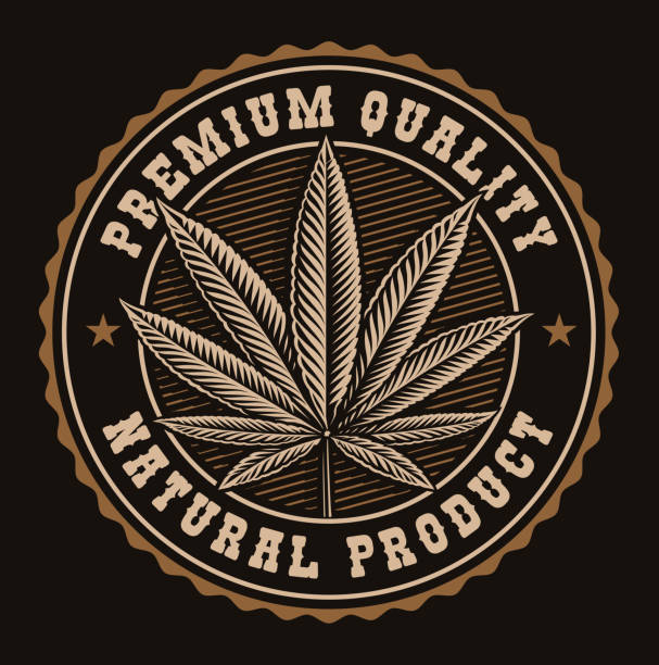 Vintage badge of a cannabis leaf. Vintage round badge of cannabis leaf on the dark background. marijuana tattoo stock illustrations