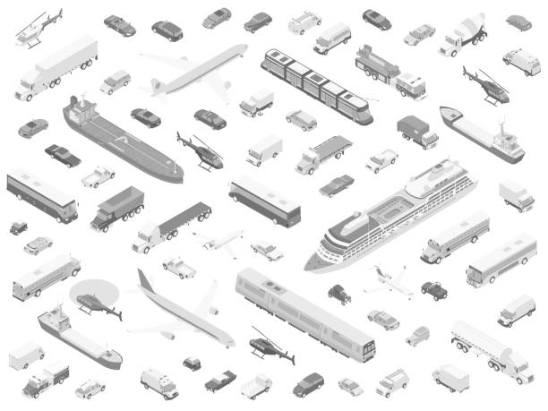 ilustrações de stock, clip art, desenhos animados e ícones de isometric vehicle icons grayscale - vector isometric airplane bus