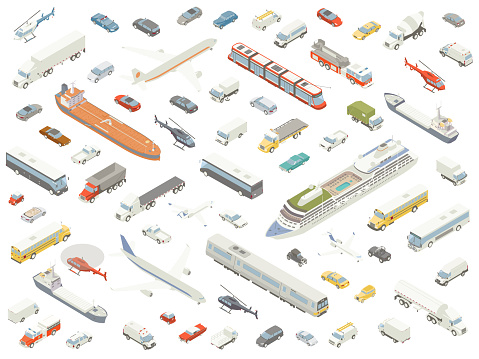 Dozens of different vehicles are arranged playfully and shown in isometric view. Cars, trucks, buses, boats, trains, airplanes, and helicopters are included in these detailed icons, in subtle color.
