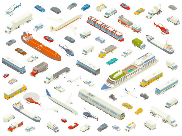 ilustrações de stock, clip art, desenhos animados e ícones de isometric vehicle icons bold color - vector isometric airplane bus