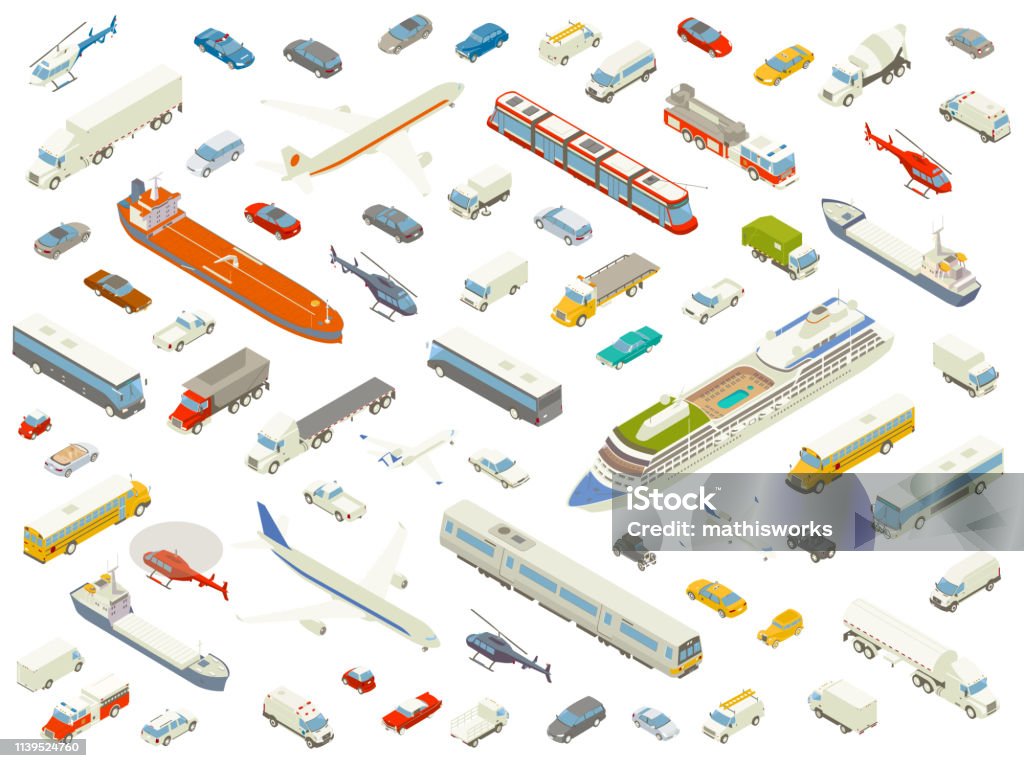 Isometric vehicle icons bold color Dozens of different vehicles are arranged playfully and shown in isometric view. Cars, trucks, buses, boats, trains, airplanes, and helicopters are included in these detailed icons, in bold color. Isometric Projection stock vector