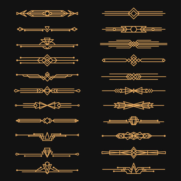 Art deco dividers and decorative golden headers Art deco dividers and decorative golden headers. Victorian flowers, book and interior ornament. Vector flat style cartoon illustration on black background art deco style stock illustrations