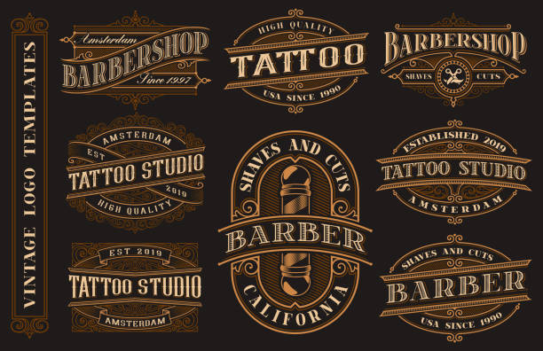 großes bündel vintage-logo-vorlagen für das tattoo-studio und barbershop - herrenfriseursalon stock-grafiken, -clipart, -cartoons und -symbole