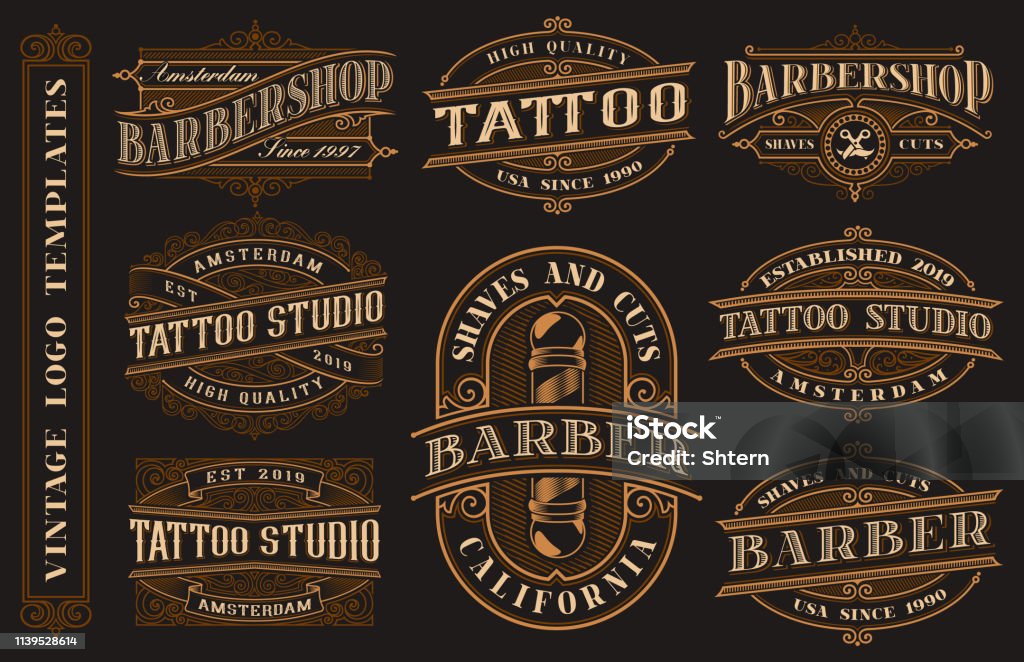 Big Bundle Of Vintage Logo Templates For The Tattoo Studio And Barbershop  Stock Illustration - Download Image Now - iStock