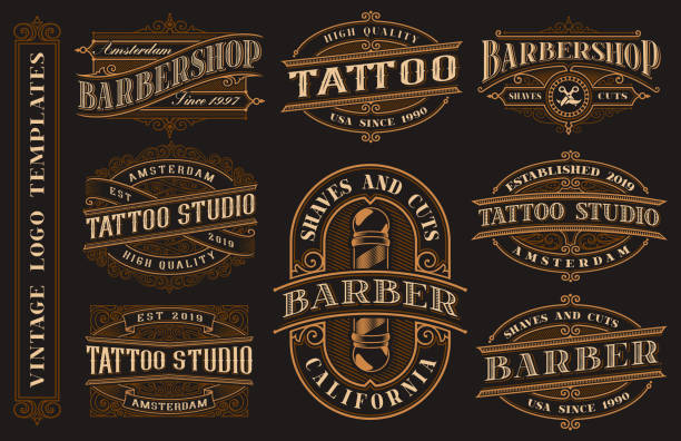Big bundle of vintage logo templates for the tattoo studio and barbershop Big bundle of vintage logo templates for the tattoo studio and barbershop on a dark background.All text and text are in separate groups. barber illustrations stock illustrations