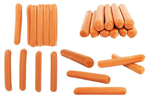 collection of hot dog sausages isolated on a white. - sausage imagens e fotografias de stock