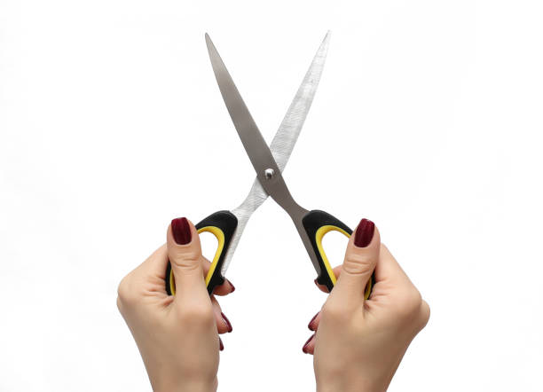 istock Female hand holding scissors on white background 1139530633