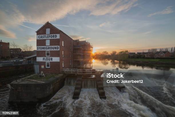 Castleford Footbridge And Stoneground Flour Mill Stock Photo - Download Image Now - Aire River, Angle, Architecture