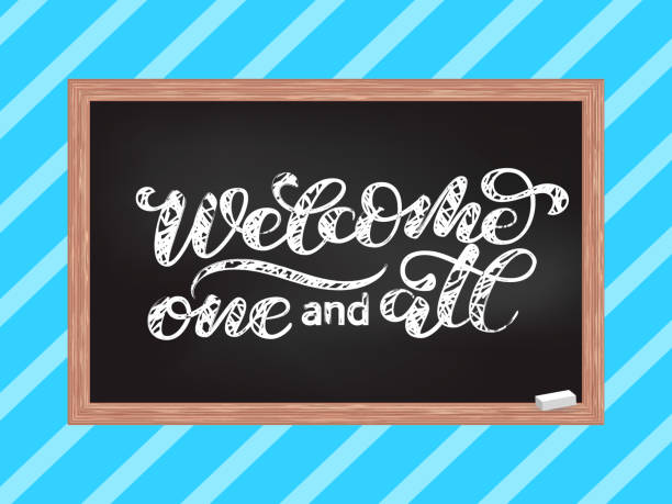istock Wooden chalk board. Welcome one and all lettering.  Vector illustration 1139533408