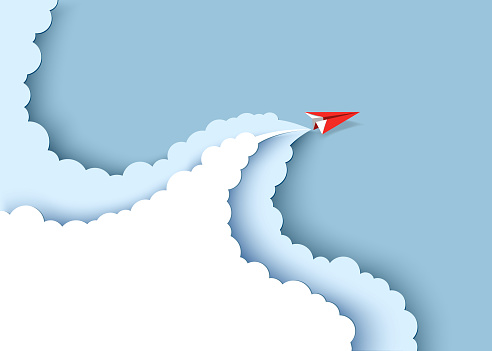 Red paper airplane flying on the blue sky and cloud. Paper cut art style of business success and leadership creative concept idea. Vector illustration