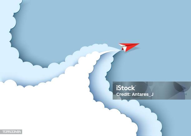 Red Paper Airplane Flying On The Blue Sky And Cloud Paper Cut Art Style Of Business Success And Leadership Creative Concept Idea Vector Illustration Stock Illustration - Download Image Now