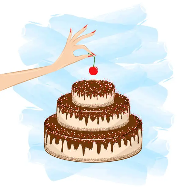 Vector illustration of womans hand puts a cherry on top of a cake on the white blue background, square vector illustration