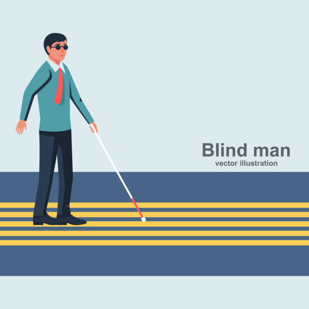 Blind man with a white cane walking down the street Blind man with a white cane walking down the street. Vector illustration flat design. Isolated on white background. Special sidewalk for the disabled. Road with yellow tips. visual impairment stick stock illustrations