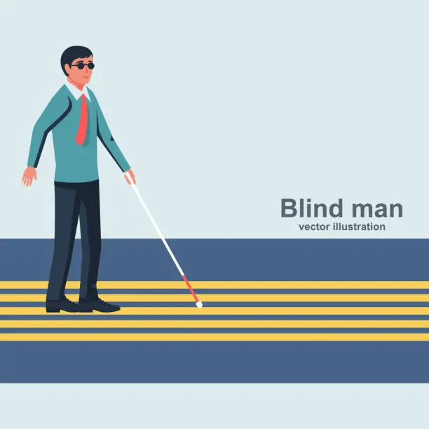 Vector illustration of Blind man with a white cane walking down the street