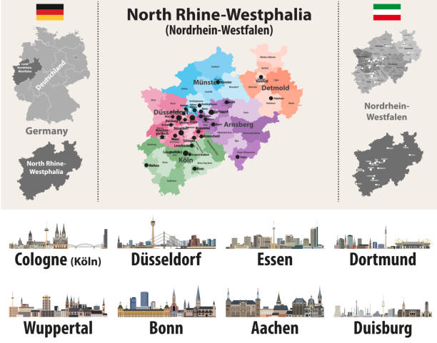 ilustraciones, imágenes clip art, dibujos animados e iconos de stock de ilustración vectorial del mapa del estado alemán de renania del norte-westfalia con las ciudades más grandes skylines - nordrhein westfalen flag