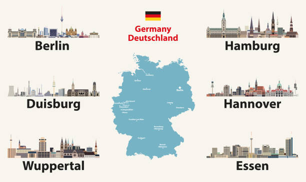 Germany map with largest cities skylines icons. Vector illustration Germany map with largest cities skylines icons. Vector illustration hanover germany stock illustrations