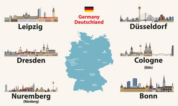 deutschlandkarte mit den größten städten skylines ikonen. vektorabbildung - köln stock-grafiken, -clipart, -cartoons und -symbole
