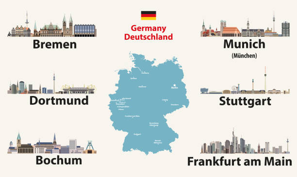 deutschlandkarte mit den größten städten skylines ikonen. vektorabbildung - stuttgart stock-grafiken, -clipart, -cartoons und -symbole