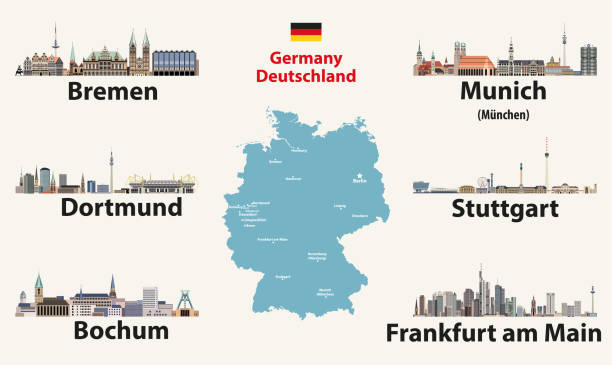 ilustraciones, imágenes clip art, dibujos animados e iconos de stock de mapa de alemania con las ciudades más grandes skylines iconos. ilustración vectorial - nordrhein westfalen flag