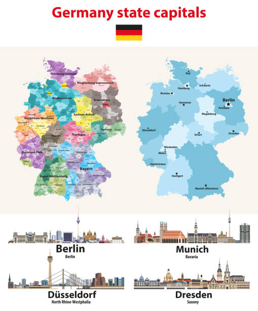 ilustraciones, imágenes clip art, dibujos animados e iconos de stock de ilustración vectorial de alemania mapa con ciudades capitales estatales skylines - nordrhein westfalen flag