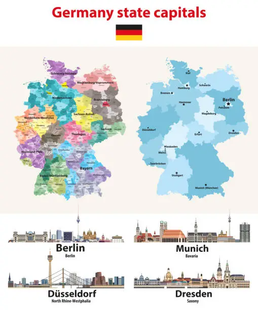 Vector illustration of vector illustration of Germany map with state capitals cities skylines