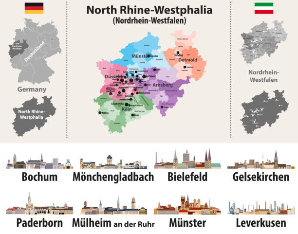 ilustraciones, imágenes clip art, dibujos animados e iconos de stock de ilustración vectorial del mapa del estado alemán de renania del norte-westfalia con las ciudades más grandes skylines - munster