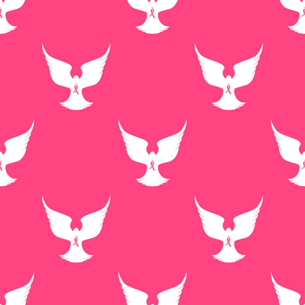 национальный месяц осведомленности рака молочной железы. летающий голубь с розовой лентой бесшовный узор. - beast cancer awareness month stock illustrations