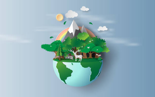 illustration of reindeer in green trees forest,Creative Origami design world environment and earth day concept idea. landscape Wildlife with Deer in green nature plant by rainbow pastel. paper cut,craft illustration of reindeer in green trees forest,Creative Origami design world environment and earth day concept idea. landscape Wildlife with Deer in green nature plant by rainbow pastel. paper cut,craft land illustrations stock illustrations