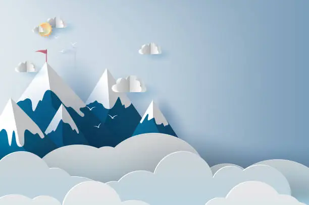 Vector illustration of illustration of Landscape and cloud mountains and birds on blue sky. Creative design Paper cut and craft style of business teamwork targeted mountain concept idea. scene your text space pastel. vector