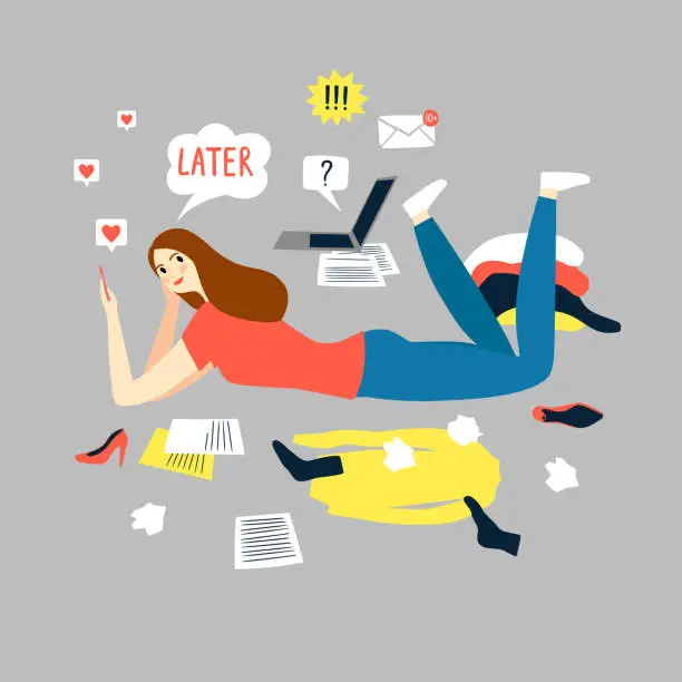 Vector illustration of Procrastinating girl in a messy room illustration