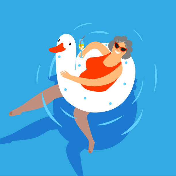 Old lady swimming in a pool with a cocktail. Old lady swimming in a pool with a cocktail. Enjoy summer title. Cartoon illustration for your design. cartoon of bird with glasses stock illustrations