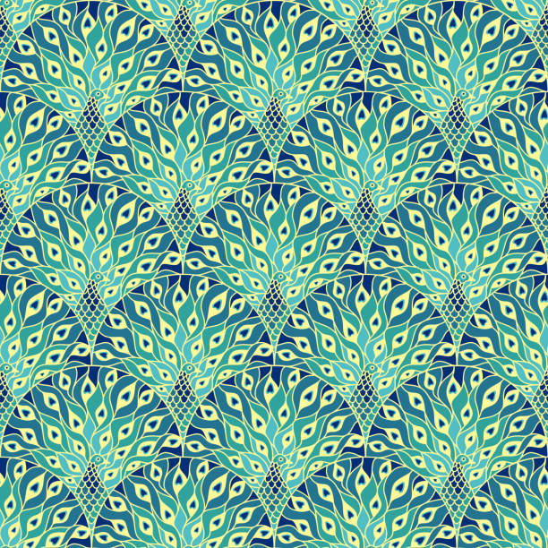 Peacock art deco Peacock art deco seamless pattern. Art nouveau vintage background peacock feather fan stock illustrations