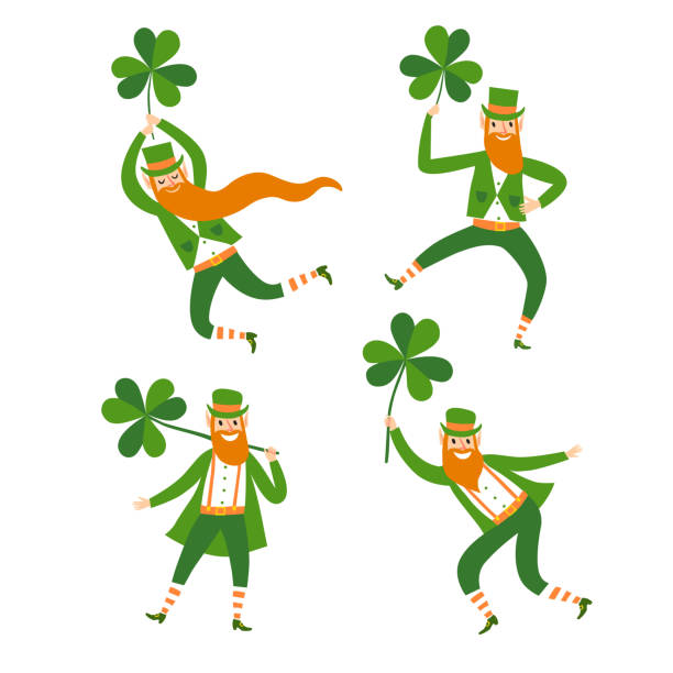 zestaw uroczych krasnoludków z kreskówek trzymających shamrocks - irish culture obrazy stock illustrations