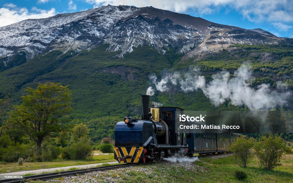end of the world Train Emblematic train of the end of the world. Located on Tierra del Fuego Island, Argentina. The only functional steam train in Patagonia Argentina. Ushuaia Stock Photo