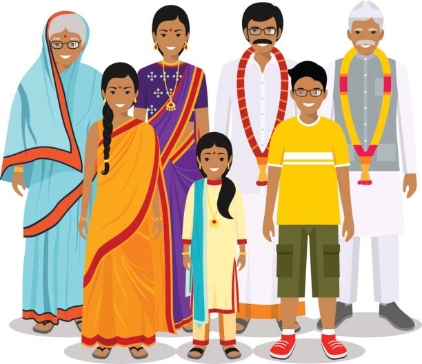 ilustrações, clipart, desenhos animados e ícones de conceito familiar e social. gerações indianas da pessoa em idades diferentes. jogo dos povos na roupa nacional tradicional: avó, avô, pai, matriz, menino, menina que estão junto. ilustração do vetor. - saree