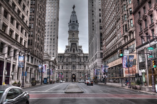 Philadelphia, Pa. USA, March 31, 2019: Philadelphia Broad street  with the Philadelphia City hall at the end, Pa. USA