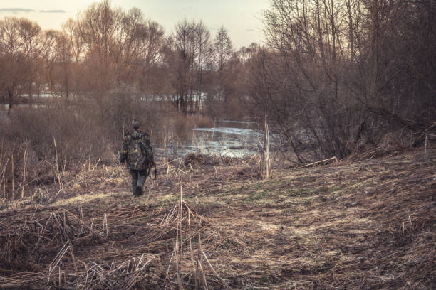 istock Hunter man going through forest river during spring hunting season 1139540382
