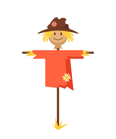 Happy smiling scarecrow character. Vector flat cartoon graphic design banner poster