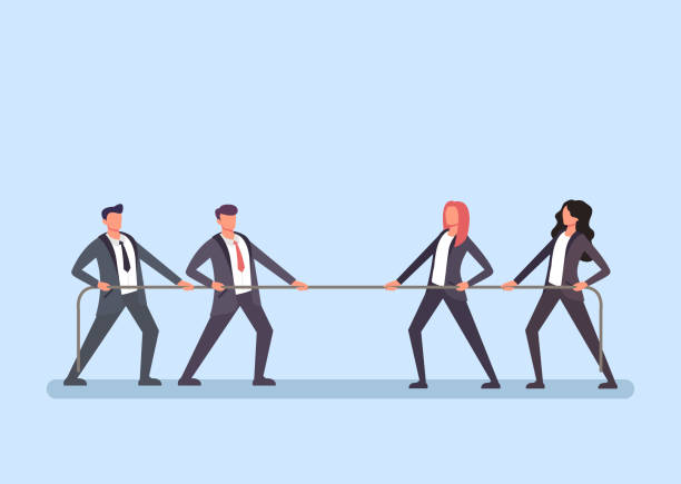 istock Man and woman business people characters office workers pulling rope. Man vs woman competition. Vector flat cartoon graphic design web banner poster page concept 1139540487