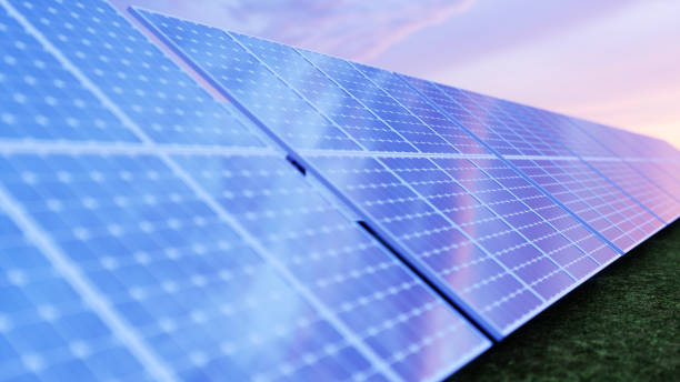 istock 3D illustration solar power generation technology. Alternative energy. Solar battery panel modules with scenic sunset with blue sky with sun light 1139540580