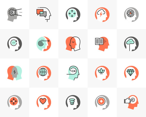 Mental Process Futuro Next Icons Pack Flat line icons set of human mental process, emotional intelligence. Unique color flat design pictogram with outline elements. Premium quality vector graphics concept for web, logo, branding, infographics. focus concept illustrations stock illustrations