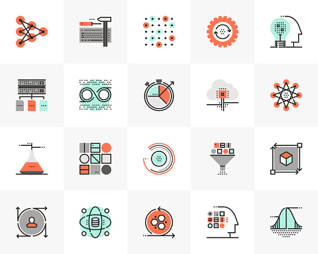 Flat line icons set of data science technology, machine learning. Unique color flat design pictogram with outline elements. Premium quality vector graphics concept for web, logo, branding, infographics.
