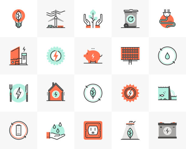 Clean Energy Futuro Next Icons Pack Flat line icons set of clean energy source, recycling waste. Unique color flat design pictogram with outline elements. Premium quality vector graphics concept for web, logo, branding, infographics. power line illustrations stock illustrations