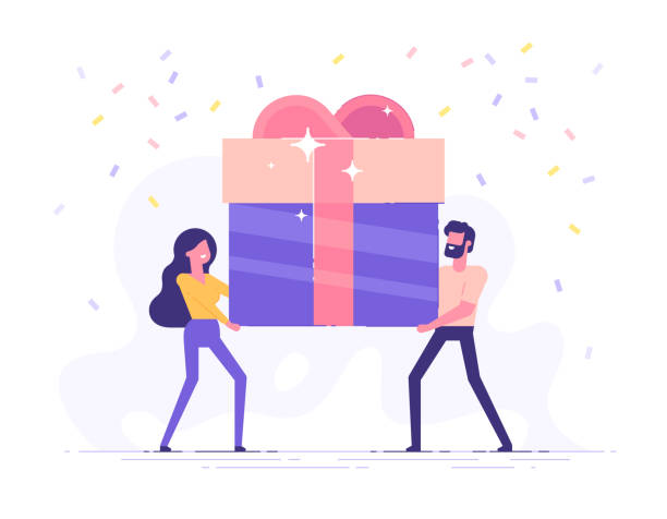 Happy smiling man and woman are carrying a large gift box. Bonus or special offer. Present. Modern vector illustration. Happy smiling man and woman are carrying a large gift box. Bonus or special offer. Present. Modern vector illustration. package illustrations stock illustrations